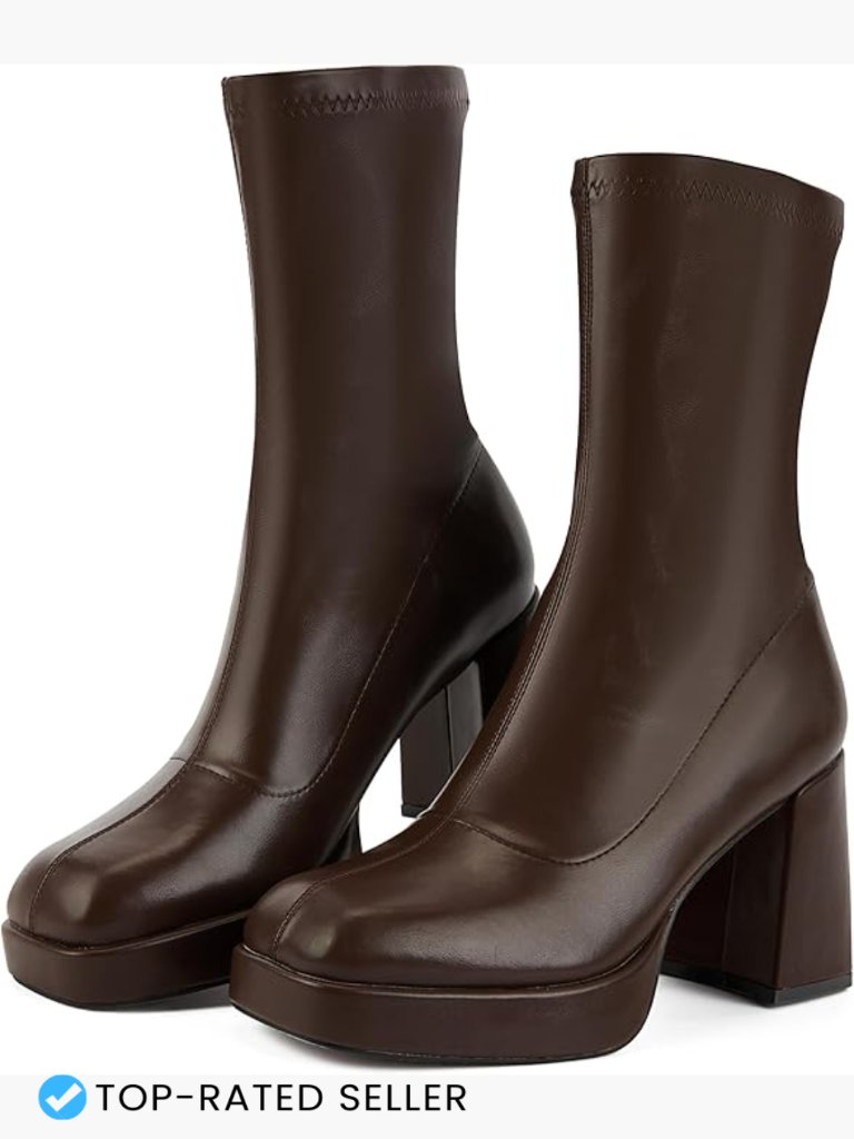 Faux Leather Square Toe Chunky Heel Pull On Ankle Boots Platform Mid Calf